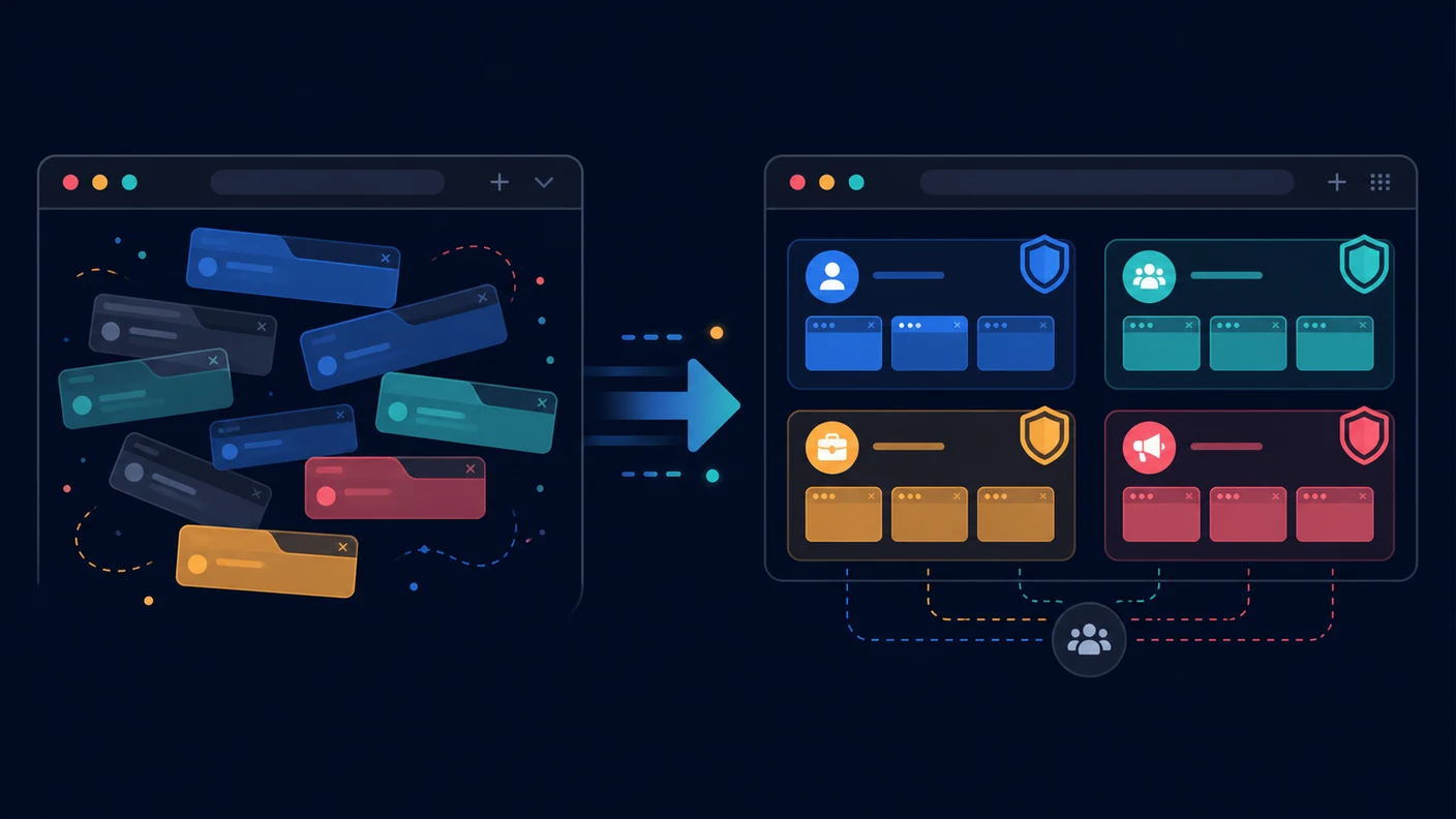 Modern browser architecture moving from tabs to organized workspaces