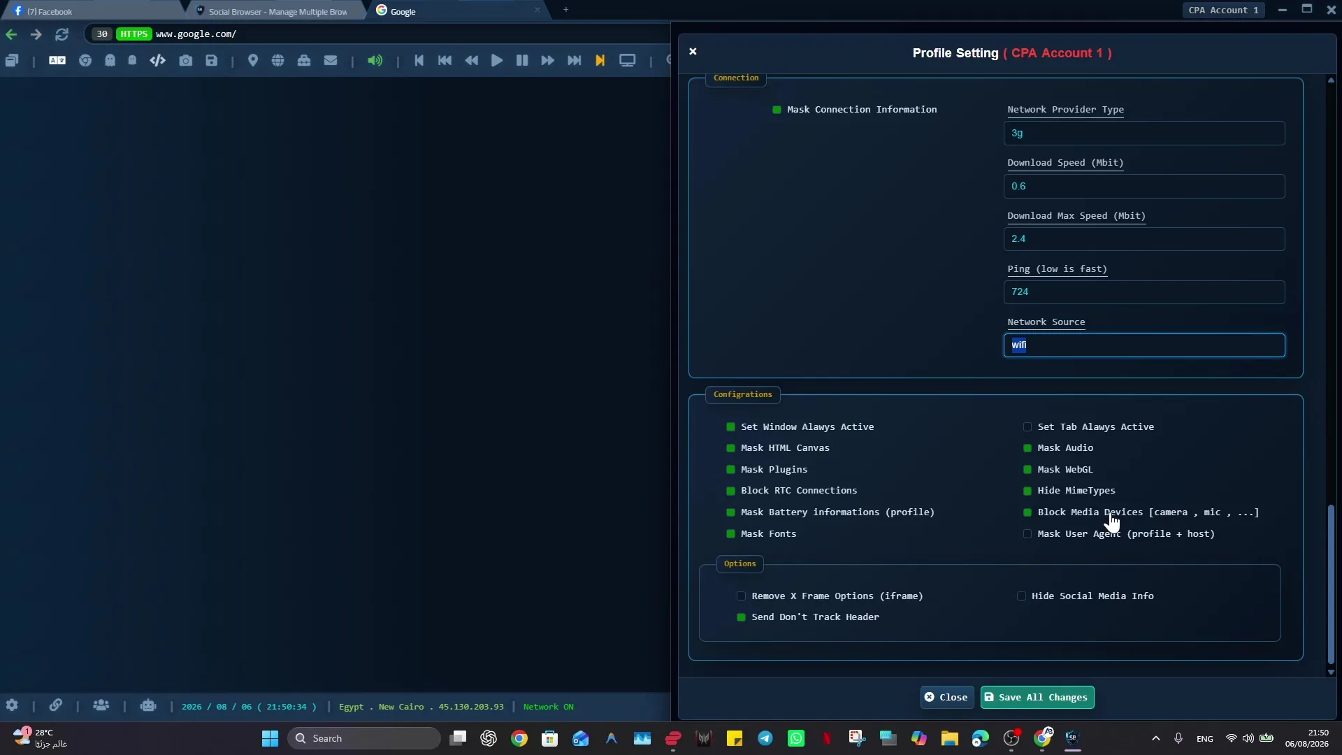 Social Browser profile settings with advanced browser, network, and privacy configuration switches.