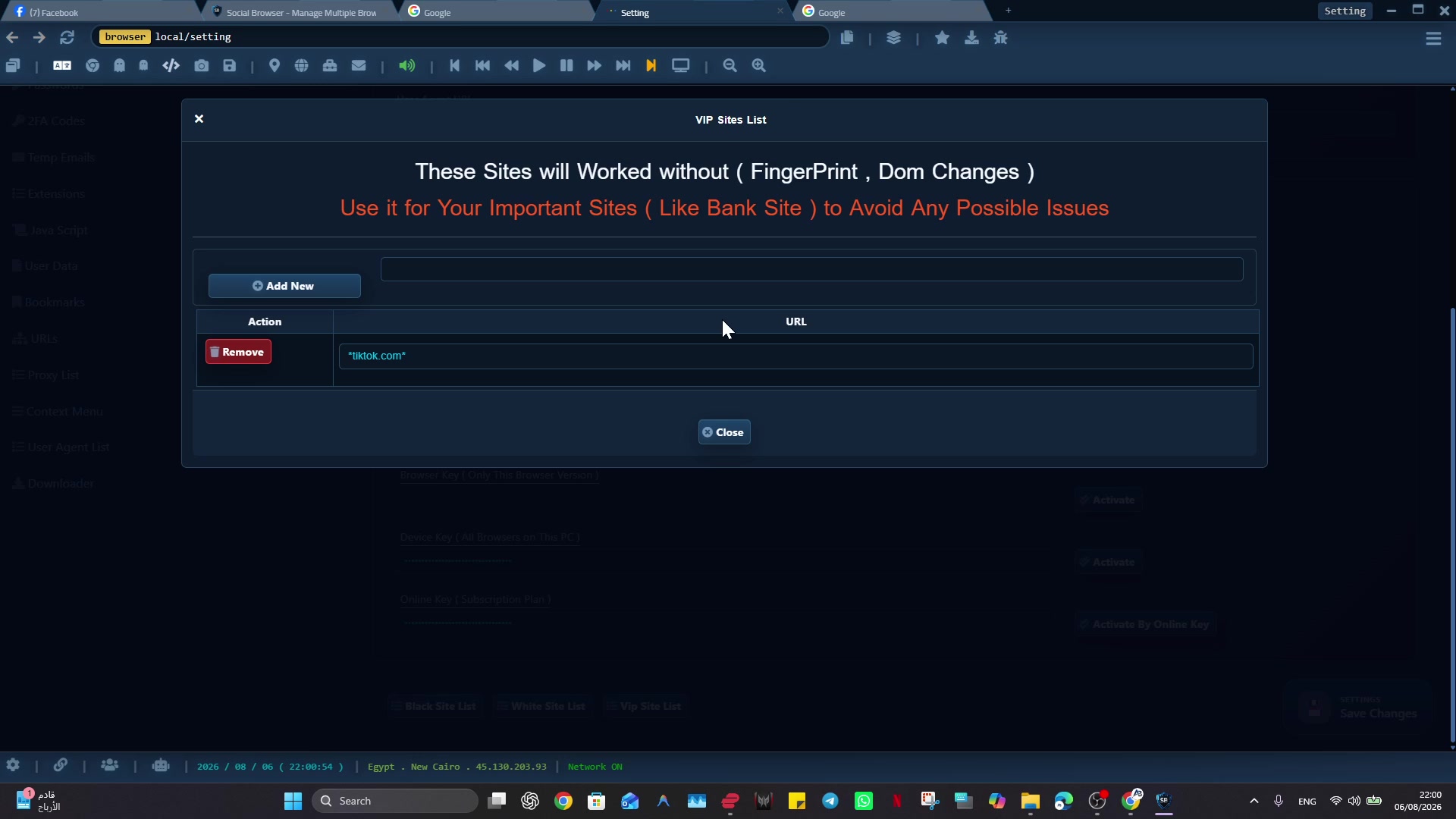 Social Browser VIP List compatibility dialog with URL entries and Add New action.