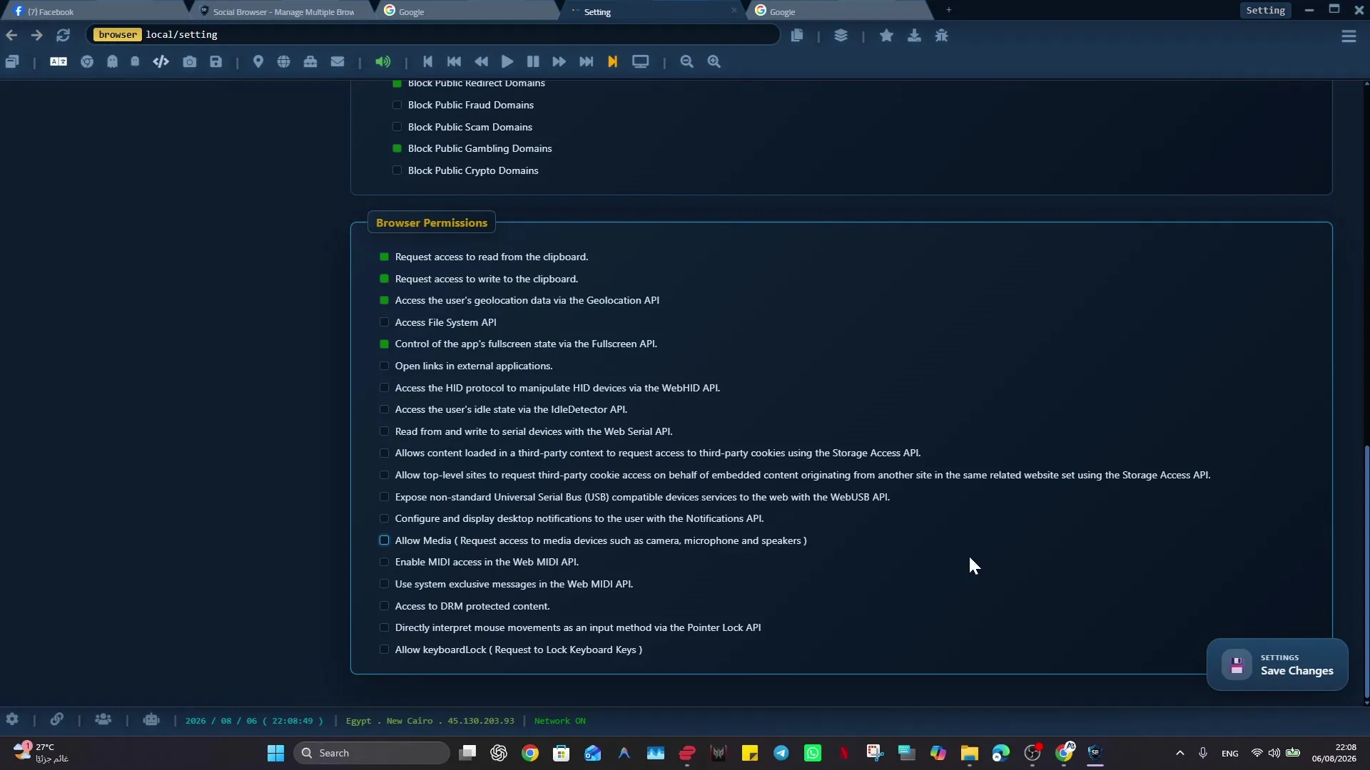 Social Browser permission and privacy settings with multiple site-access controls.