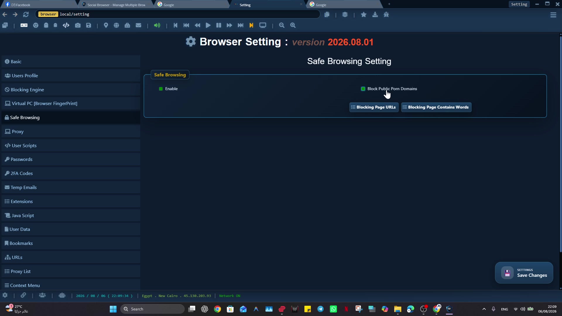 Social Browser Safe Browsing settings with enable and harmful-domain blocking controls.