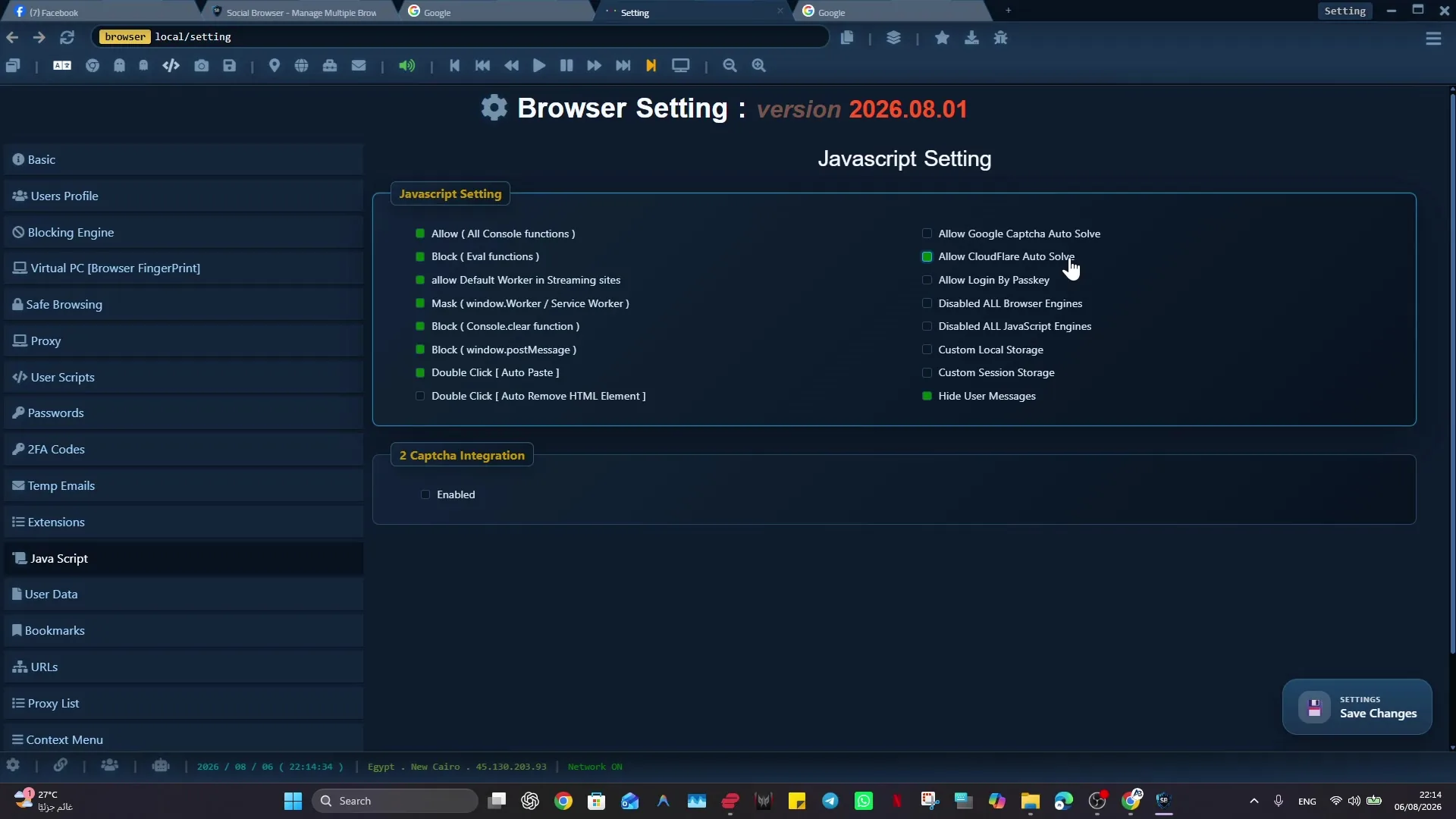 Social Browser JavaScript Settings page showing worker, console, storage, notification, and integration options.