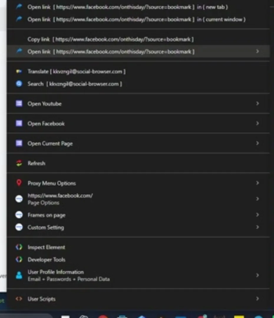 Cropped Social Browser right-click context menu showing page, proxy, developer, and User Script actions.
