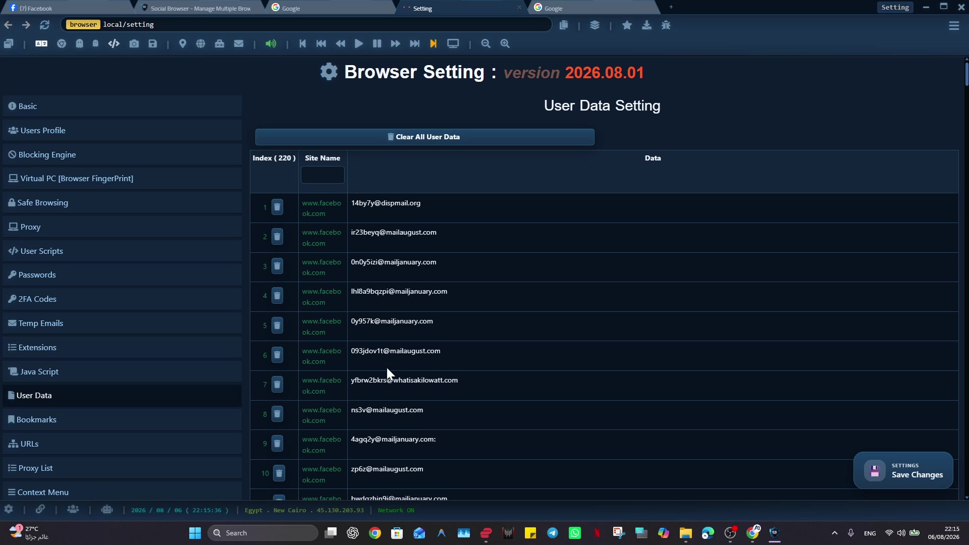 Social Browser User Data Setting screen with saved website form data and autocomplete fields.