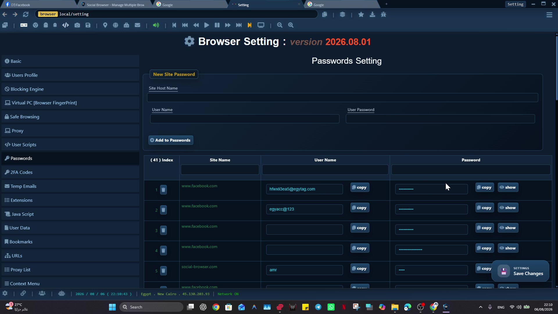 Social Browser Passwords Setting screen with saved site, username, and password rows and controls.