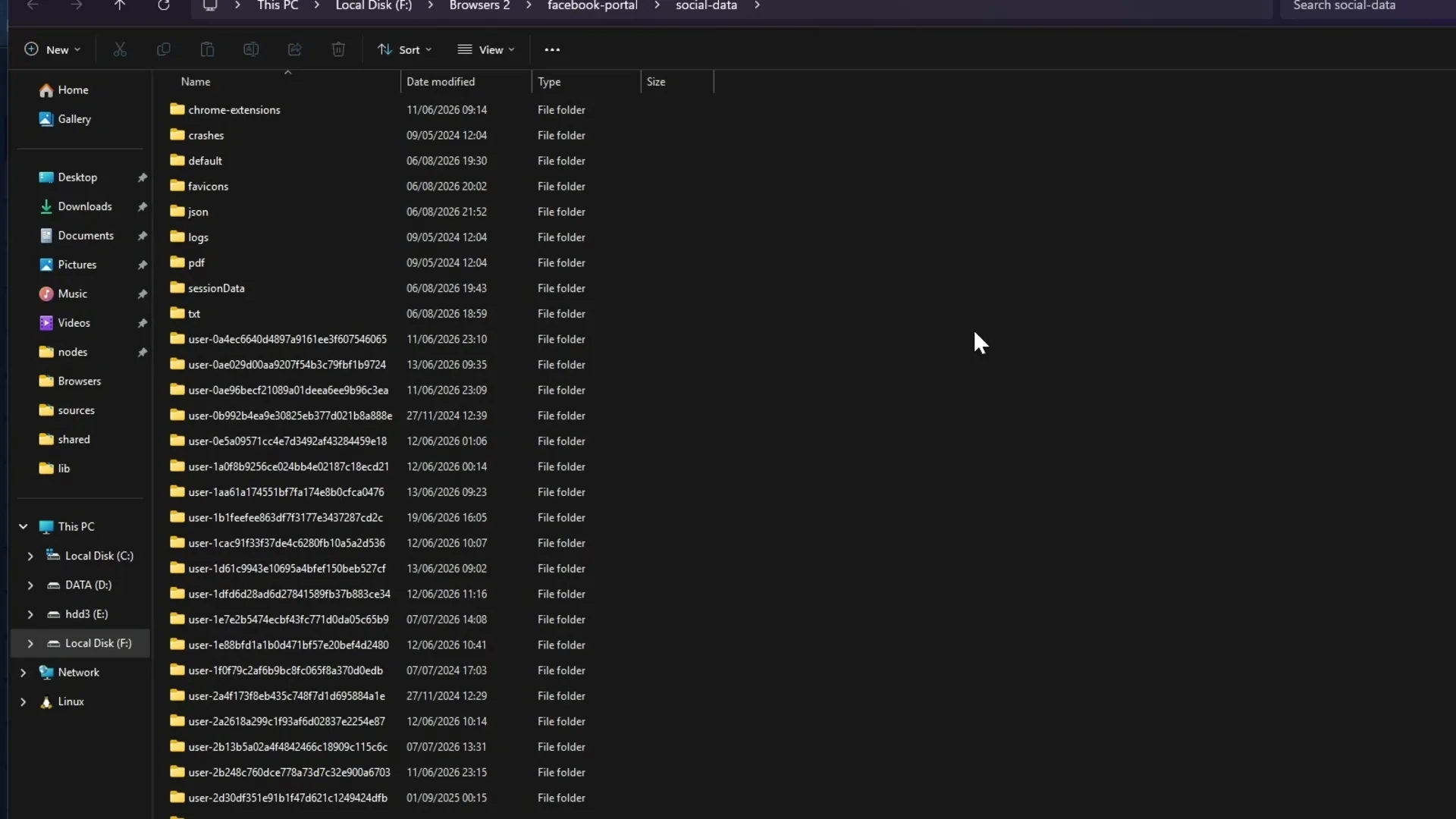 Windows File Explorer view of the Social Browser social-data directory, including the chrome-extensions folder alongside browser data.