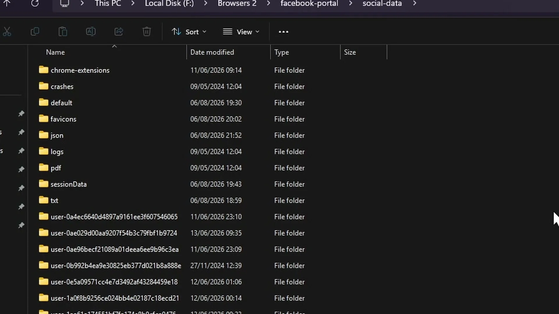 Windows File Explorer crop focused on the chrome-extensions directory inside Social Browser social-data.